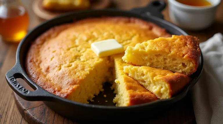 Golden brown Southern cornbread recipe in a cast-iron skillet with a pat of butter melting on top.