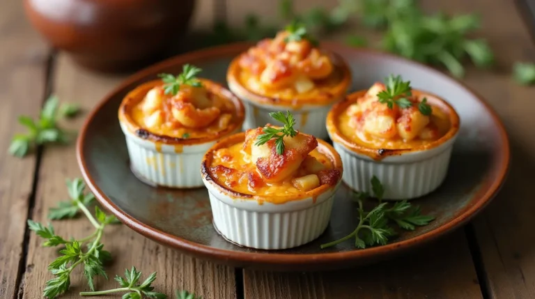 Crab brulee recipe served in ramekins with a golden crispy crust, garnished with herbs