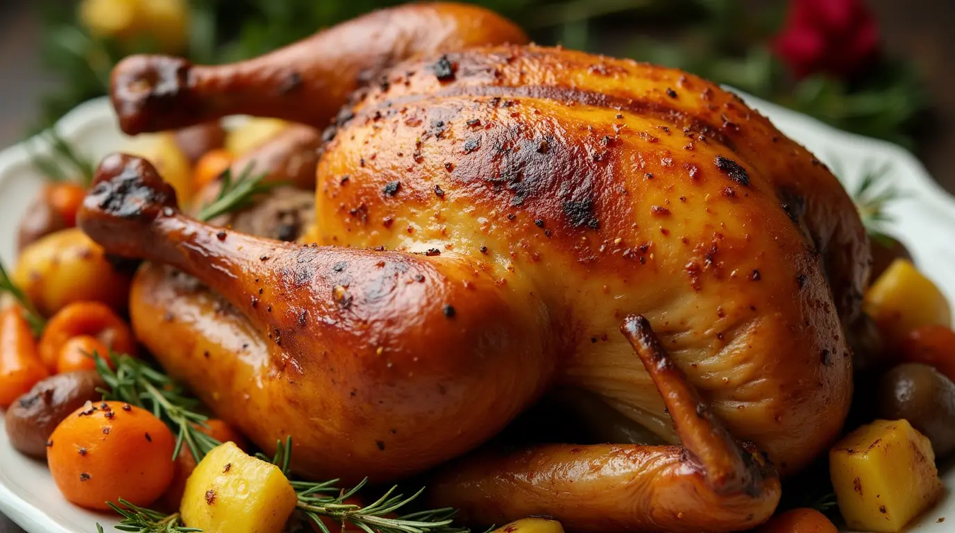 Golden-brown roasted chicken with seasonal vegetables and fresh rosemary, ready for Christmas dinner/chicken christmas recipe