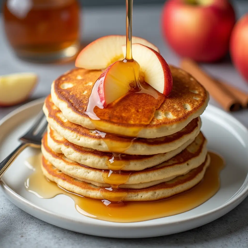 Apple pancakes, a delicious and energizing apple breakfast dish topped with maple syrup