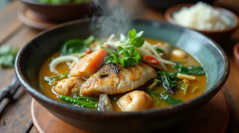 A bowl of sinigang na bangus recipe with vegetables and tamarind-based soup served on a rustic table.