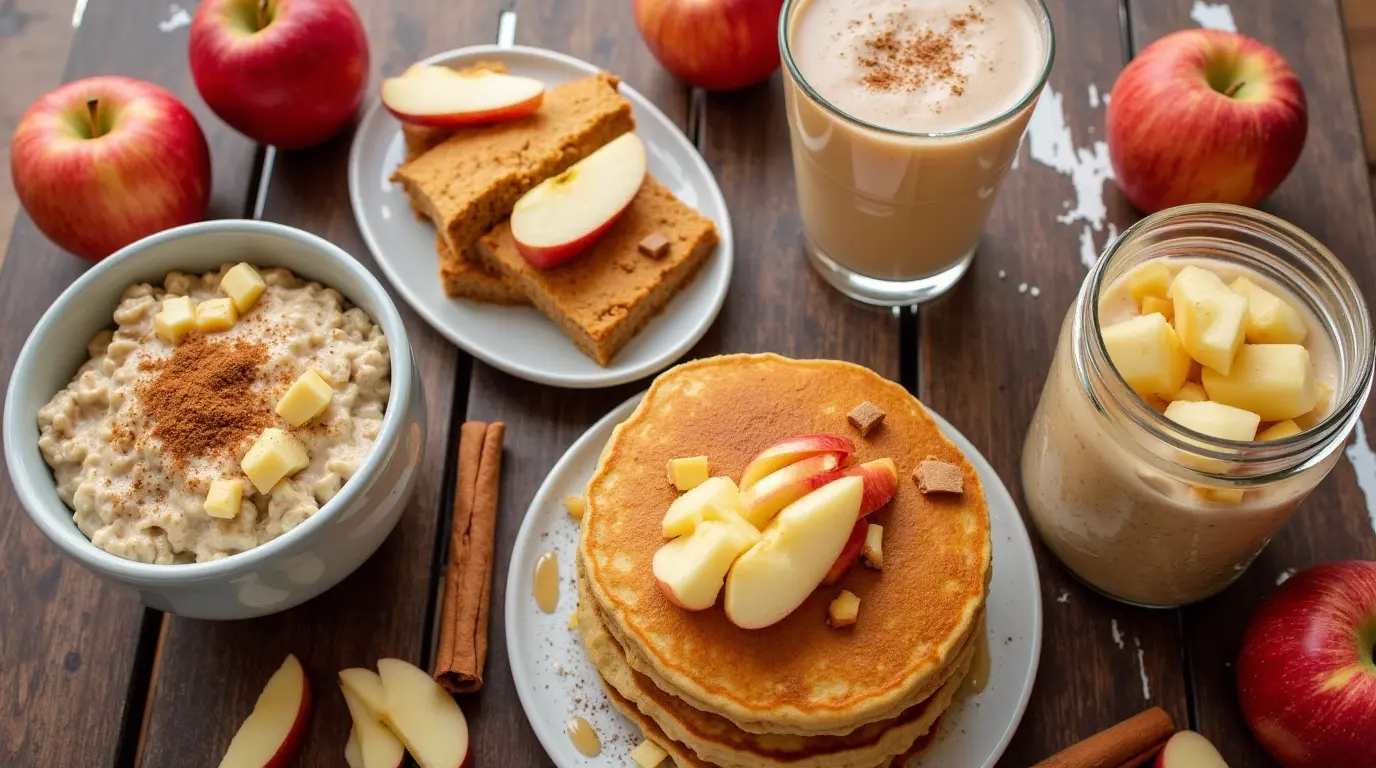 Five best apple breakfast recipes including apple cinnamon oatmeal, apple smoothie, baked apple bars, apple pancakes, and apple chia pudding, perfect for a healthy and energizing morning.