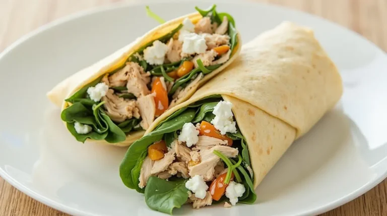 A plate of delicious Chicken Spinach Wraps, sliced in half, with a filling of shredded rotisserie chicken, spinach, feta, and Greek yogurt dressing.
