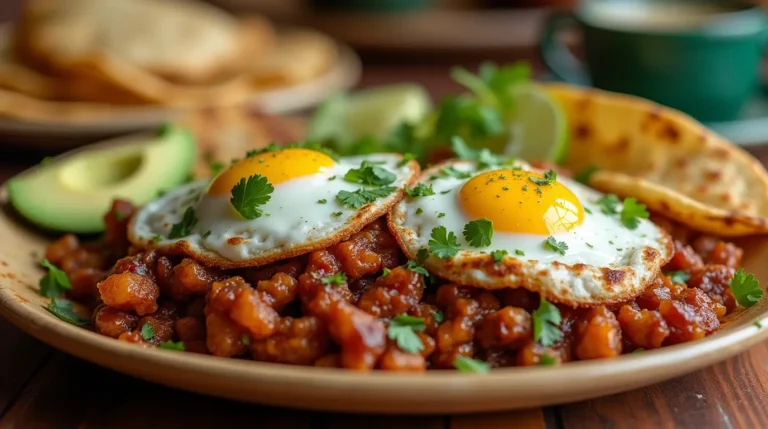 Shredded carnitas and eggs cooking in pans for a flavorful carnitas breakfast recipe.