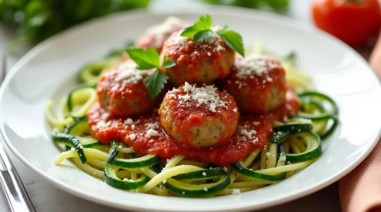 healthy dinner: Lean Turkey Meatballs in Marinara Sauce with Zucchini Noodles served on a white plate, garnished with parsley and Parmesan.