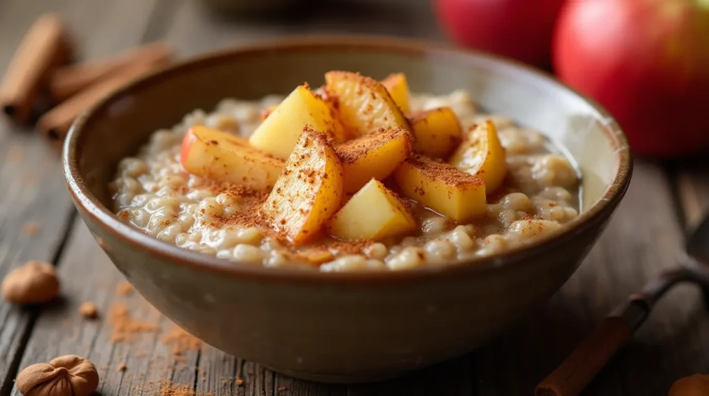 Apple cinnamon oatmeal, a healthy and energizing apple breakfast recipe topped with sautéed apples and cinnamon