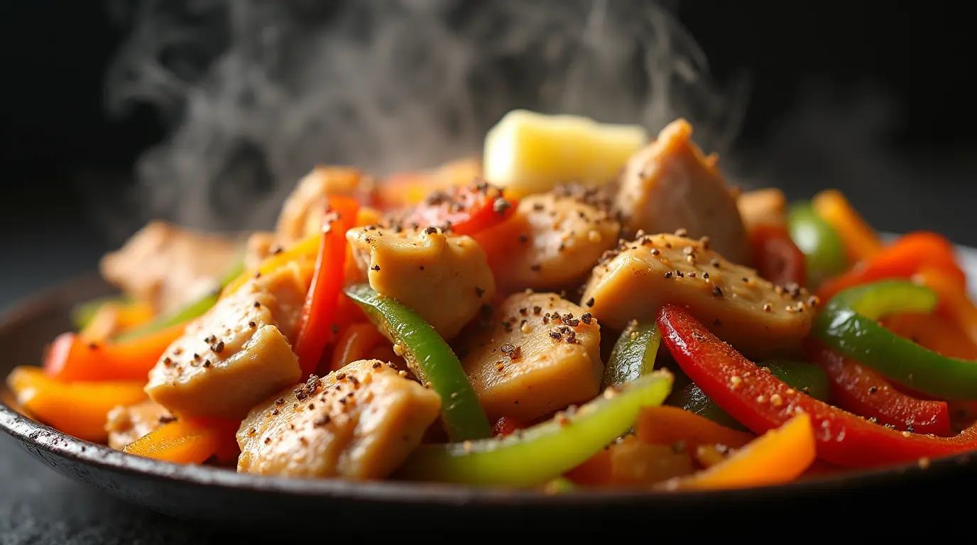 Sizzling pepper lunch recipe with chicken, vegetables, and a flavorful seasoning on a hot plate.