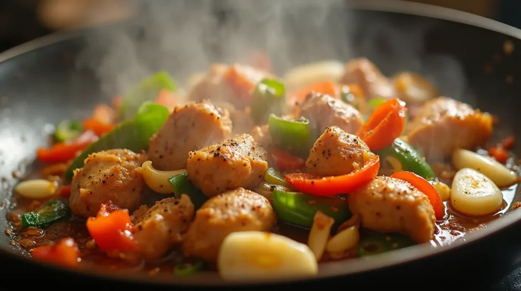 Stir-frying chicken and vegetables in a sizzling pepper lunch recipe on a hot plate.