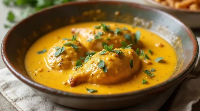 Delicious Churu Chicken Amarillo recipe served in a dish with golden yellow sauce and fresh cilantro garnish.