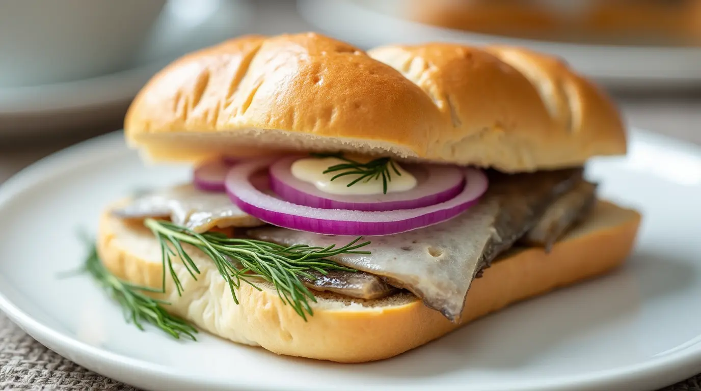 Easy Matjesbrötchen recipe with Matjes herring and fresh toppings in a crusty roll