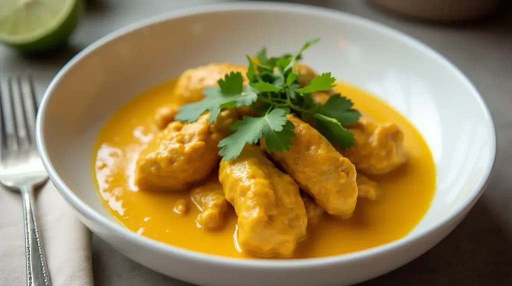 Beautifully presented Churu Chicken Amarillo recipe in a modern bowl, highlighting its creamy golden sauce and vibrant flavors.