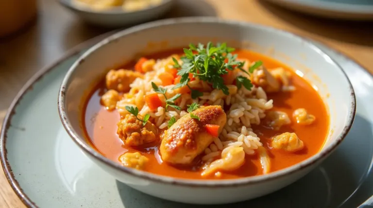 Beautiful presentation of Chopt Spicy Chicken Soup Recipe with Rice, highlighting the flavors and ingredients in a modern dish.