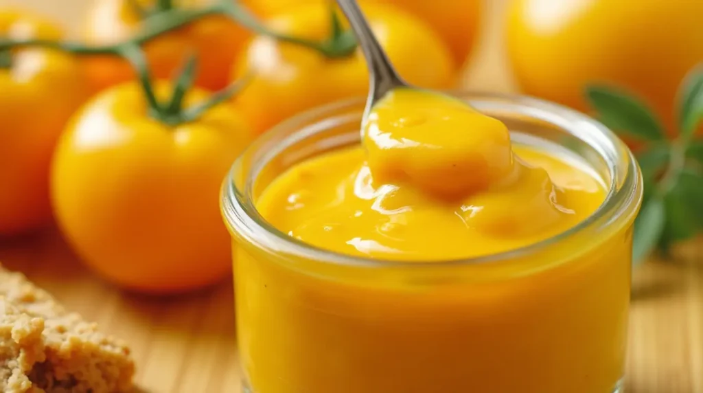 Homemade yellow tomato ketchup in a glass jar, surrounded by fresh yellow tomatoes, showcasing the final recipe in light and delicious colors.