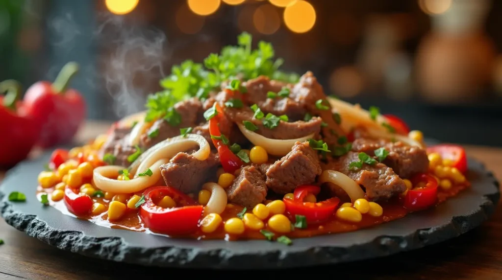 a plate of food with meat and vegetables