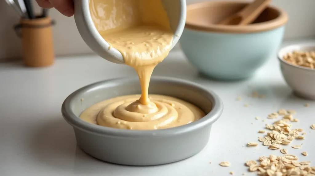 Pouring Vegan Oat Cake Recipe batter into a baking pan, showcasing the creamy and natural texture of the mixture.