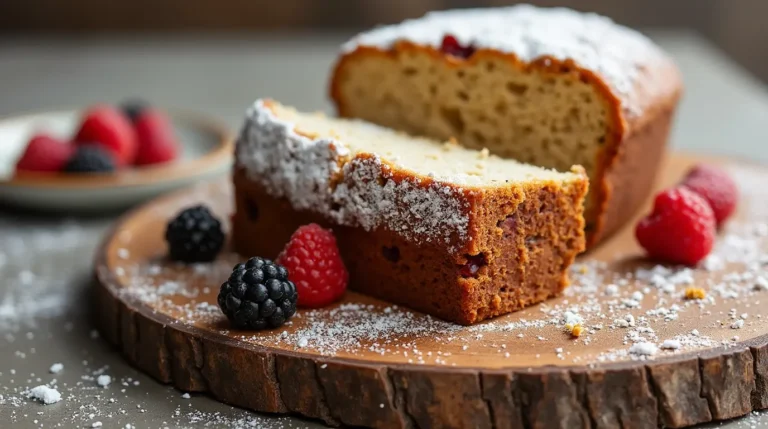 Vegan Oat Cake Recipe-Delicious vegan oat cake served in a modern dish, garnished with maple syrup and berries, showcasing its wholesome and golden texture