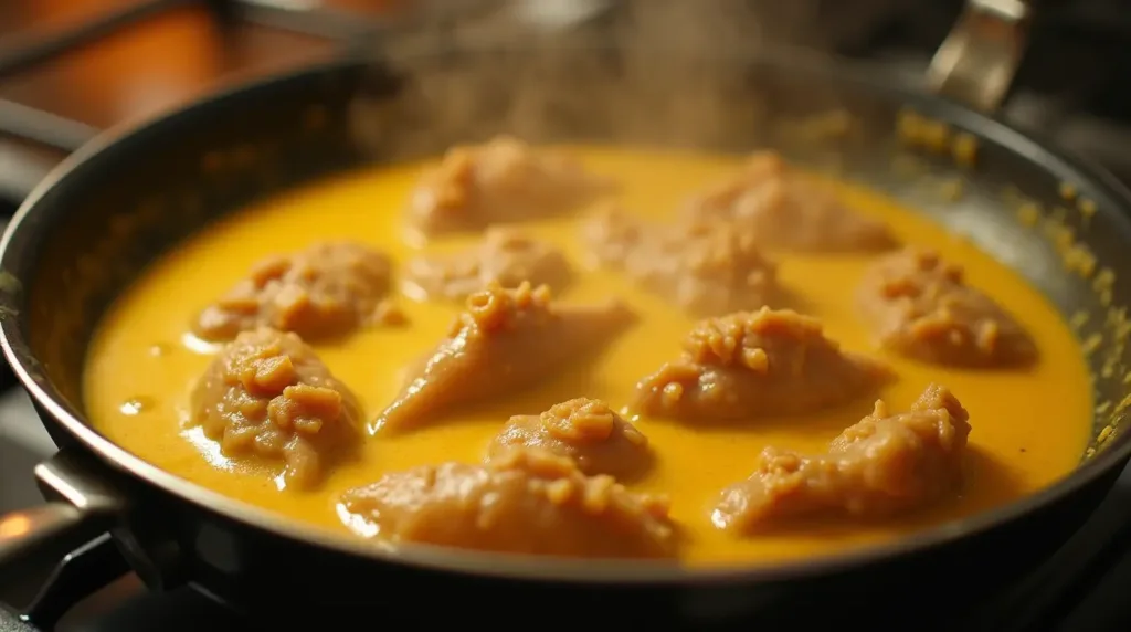 Chicken simmering in golden yellow sauce for Churu Chicken Amarillo recipe , capturing a key step in the recipe.