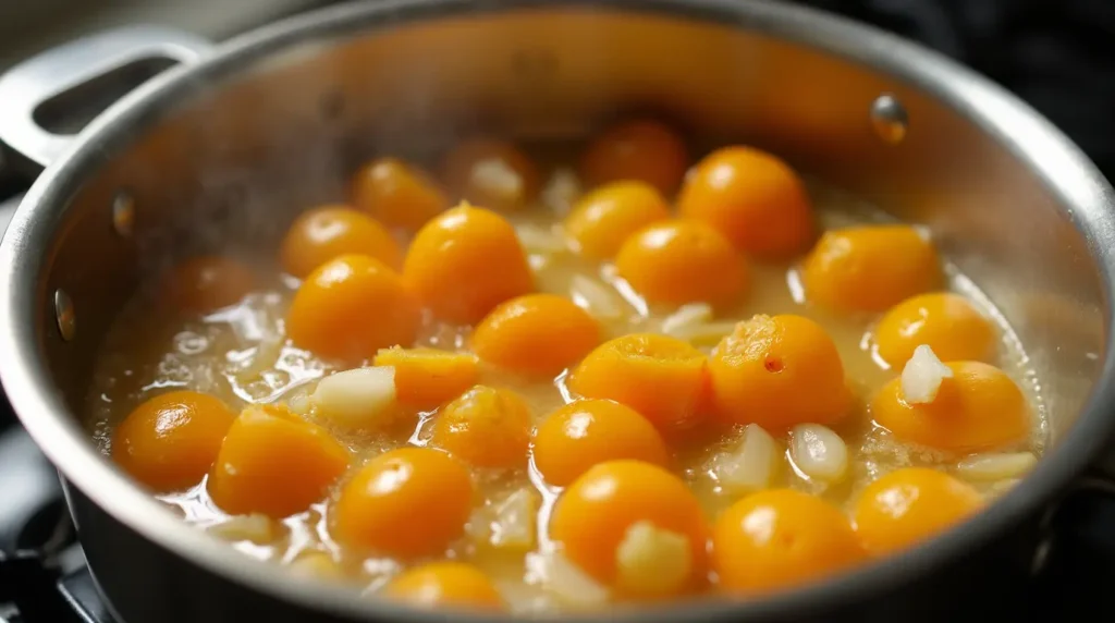 Yellow tomatoes simmering with onions and garlic in a saucepan, capturing the cooking stage of the homemade yellow tomato ketchup recipe