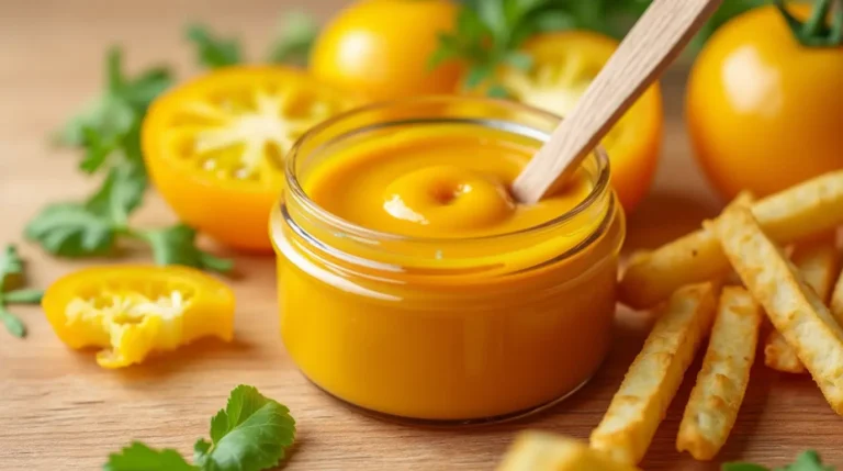 Stylish presentation of yellow tomato ketchup with sliced yellow tomatoes and herbs, paired with crispy fries for a visually appealing display.