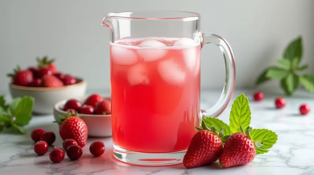 a glass of pink liquid with ice and strawberries