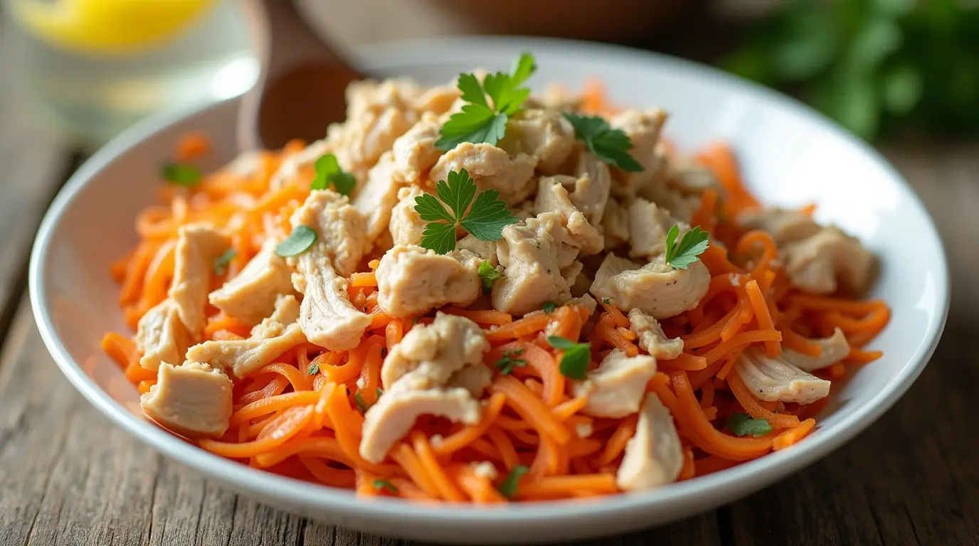 Chicken Carrot Salad Recipe featuring shredded chicken, grated carrots, creamy dressing, and fresh parsley in a white bowl