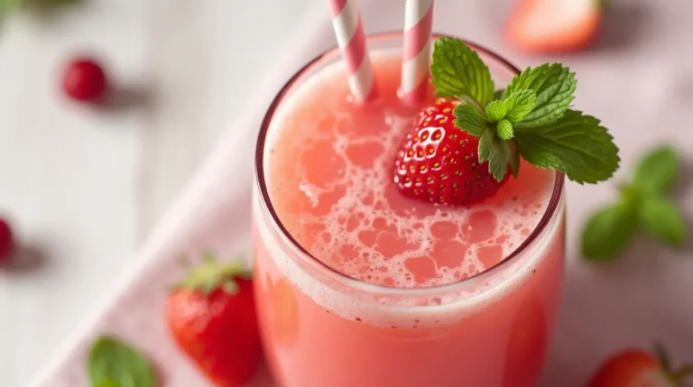 Sweet and tangy white cranberry strawberry juice served in a modern glass with fresh garnishes.
