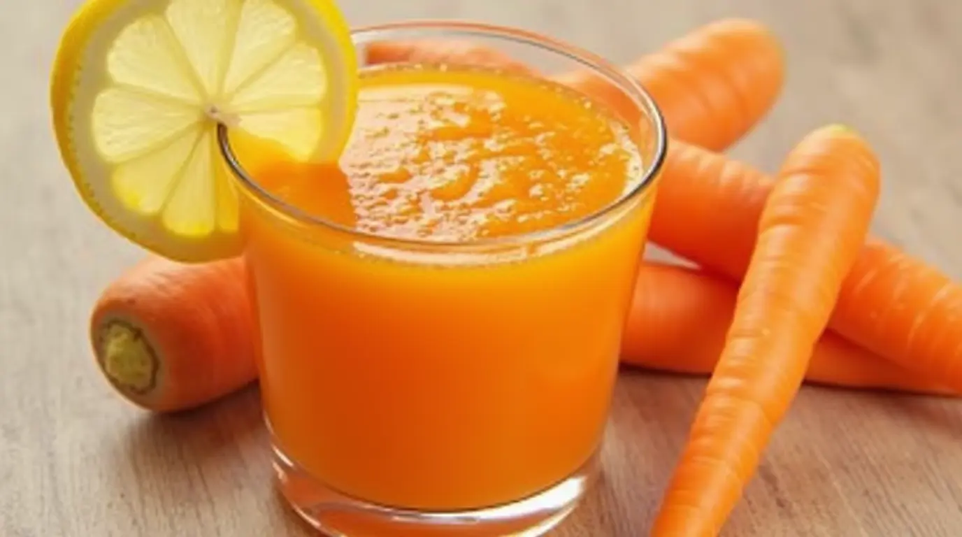 Carrot Juice Recipe - Freshly prepared carrot juice served in a glass with lemon and carrot sticks