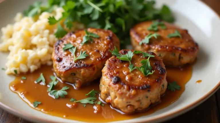 Featured image of a Salisbury steak recipe with ground chicken, presented in a modern dish with golden brown gravy and fresh herbs