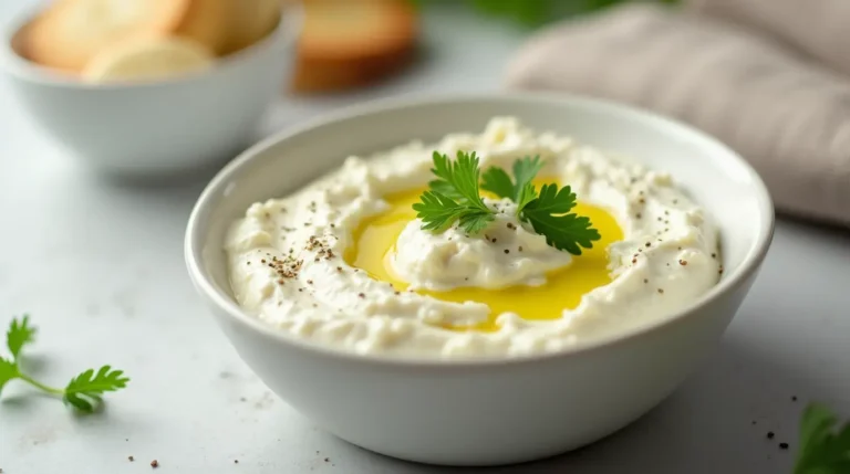 Minimalistic presentation of ricotta cheese dip with light garnishes in a modern white dish.