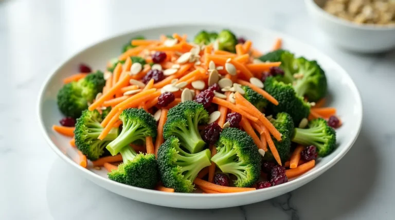 Broccoli crunch salad with creamy dressing on a modern platter, showcasing a fresh and healthy farm’s recipe.