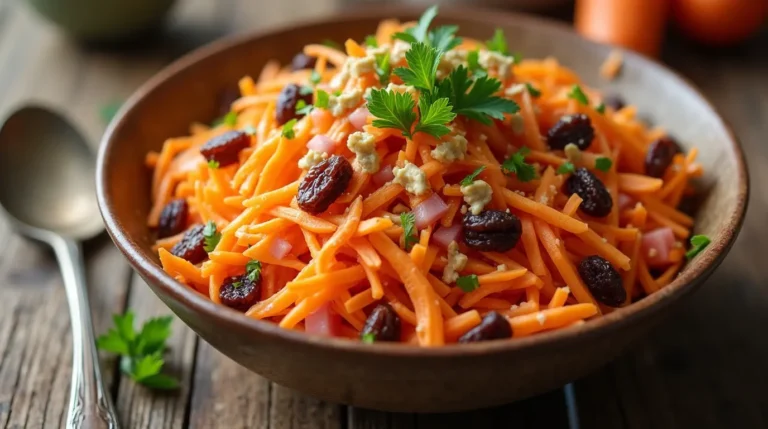 Freshly prepared carrot raisin salad recipe with grated carrots, raisins, creamy dressing, and garnish on a rustic table