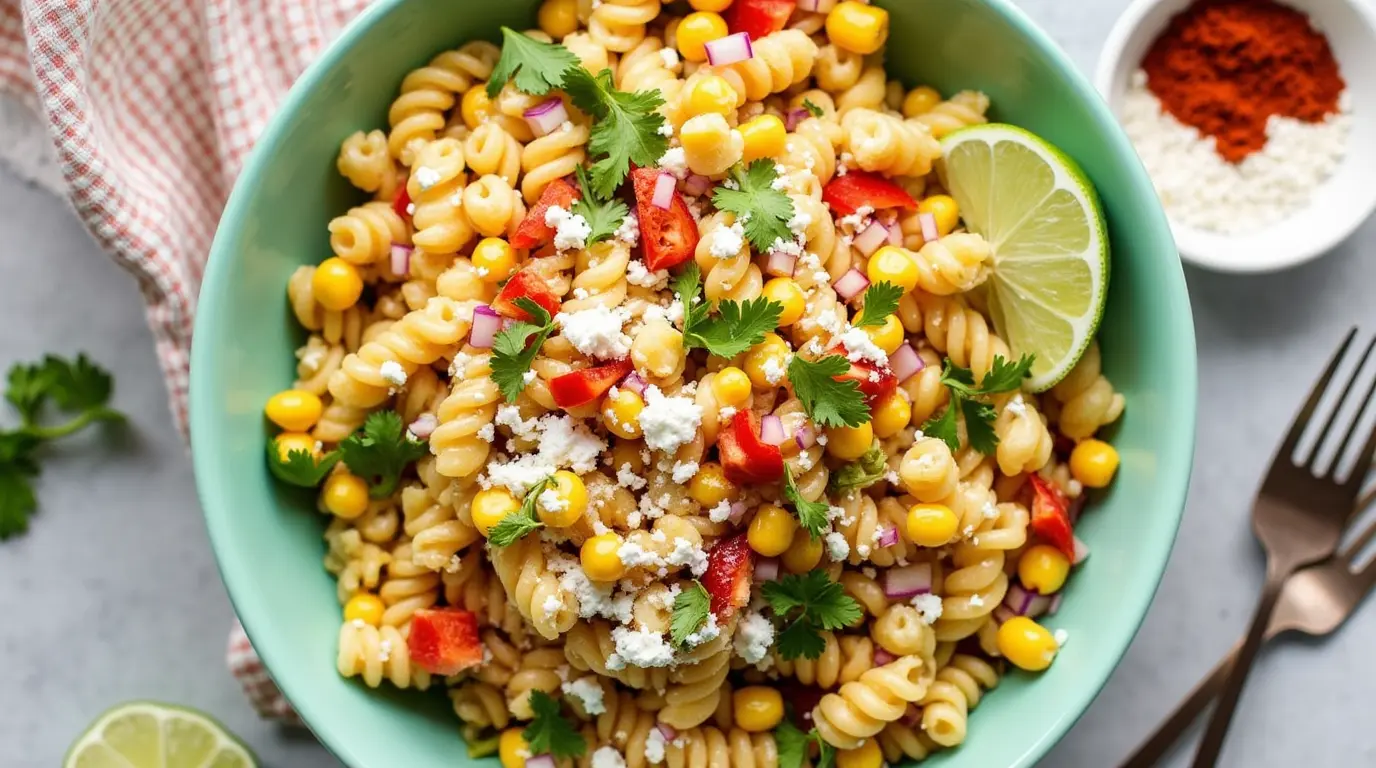 A colorful bowl of Mexican Street Corn Pasta Salad with grilled corn, pasta, red peppers, cilantro, Cotija cheese, and lime wedges on a rustic wooden table.