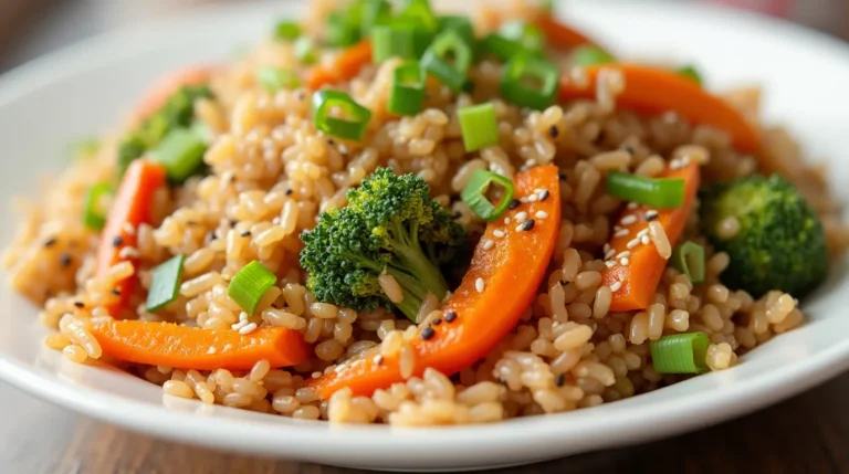Healthy brown rice stir-fry with colorful vegetables. Southeast Asia Brown Rice with Vegetables Recipe
