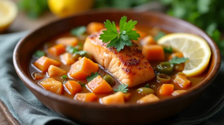 Salmon stew recipe: A hearty bowl of homemade salmon stew with fresh vegetables and salmon chunks, garnished with parsley and lemon.