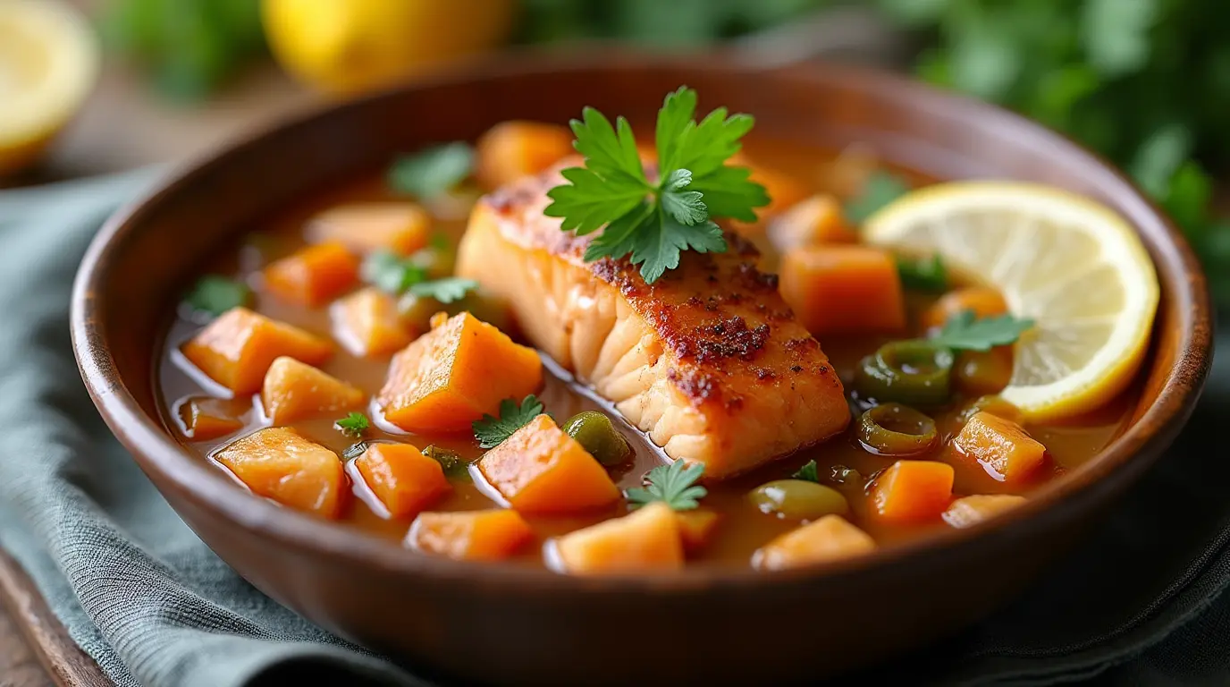 Salmon stew recipe: A hearty bowl of homemade salmon stew with fresh vegetables and salmon chunks, garnished with parsley and lemon.