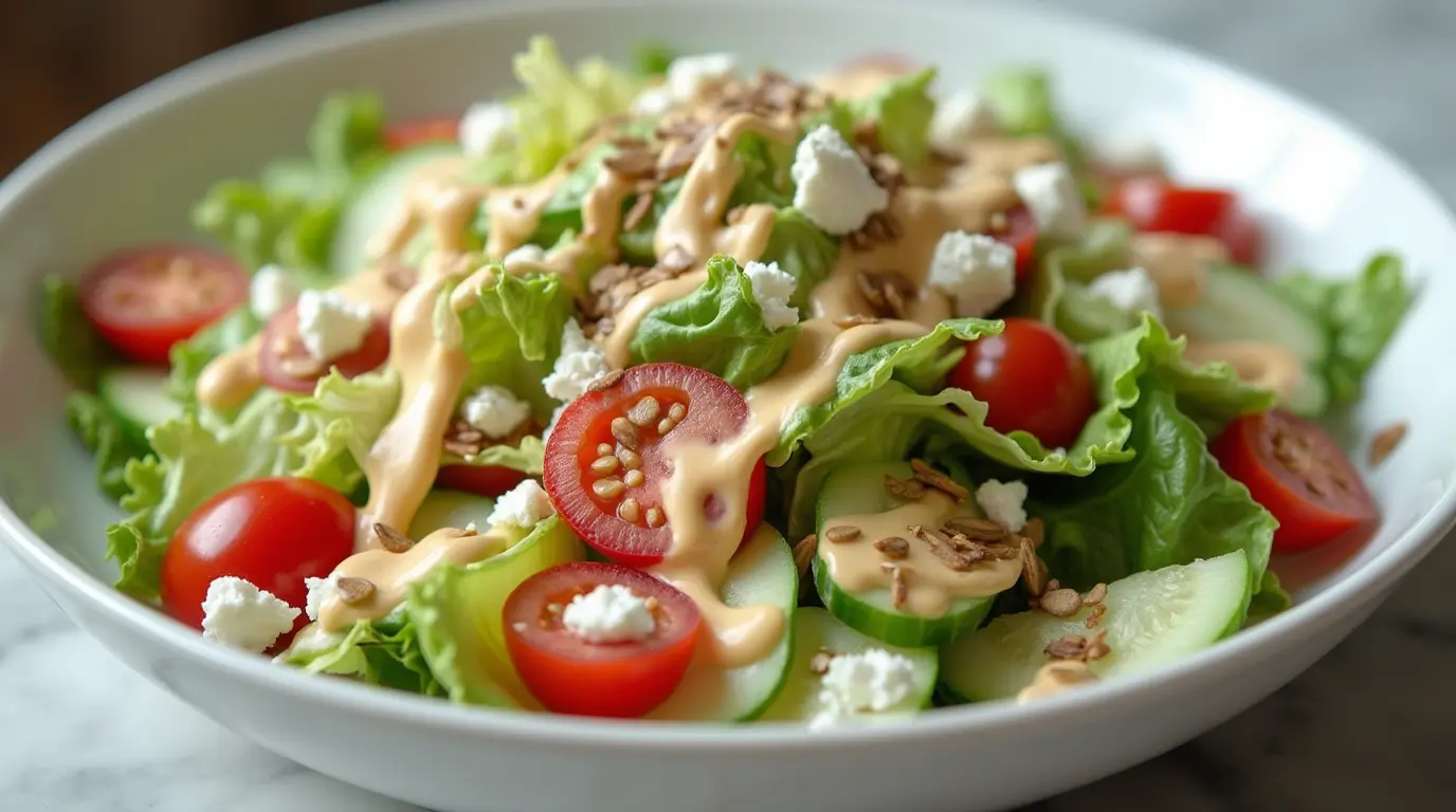 Modern, close-up image of a freshly made Crema Salad featuring vibrant vegetables, creamy dressing, and garnishes served in an elegant white dish.