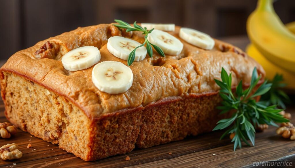 A beautifully baked loaf of banana bread recipe without butter, golden brown with a moist texture, adorned with slices of ripe bananas on top, surrounded by fresh ingredients like walnuts and vibrant green herbs, set on a rustic wooden table, soft natural lighting highlighting the freshness and healthiness of the bread.