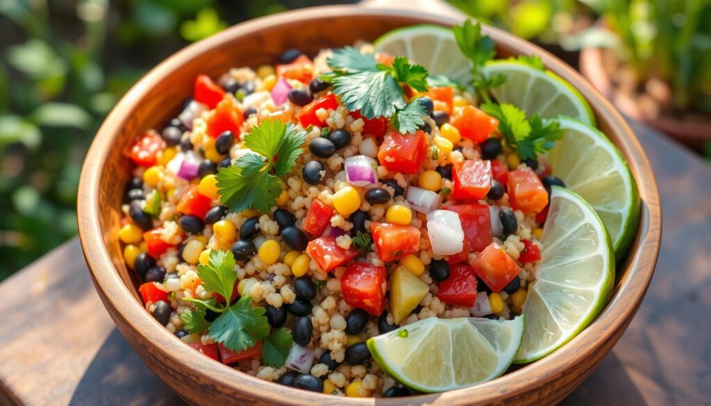 A vibrant and colorful bowl of cowboy caviar couscous salad, featuring a mix of cooked couscous, black beans, corn, diced tomatoes, red onions, bell peppers, and avocado. The salad is garnished with fresh cilantro and lime wedges, all arranged in a rustic wooden bowl with a backdrop of a sunny outdoor setting, evoking a warm, inviting atmosphere.