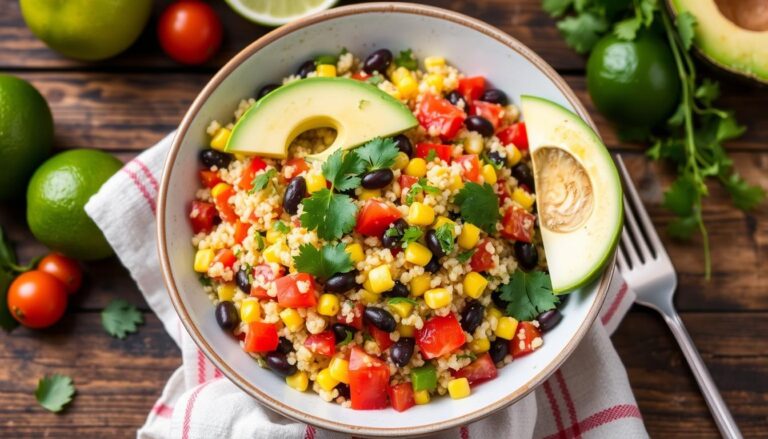 A vibrant bowl of cowboy caviar couscous salad, showcasing colorful diced tomatoes, black beans, corn, chopped bell peppers, and fresh cilantro, all mixed with fluffy couscous, drizzled with a zesty lime vinaigrette, garnished with avocado slices, surrounded by rustic wooden table setting and fresh ingredients like limes and herbs in the background.