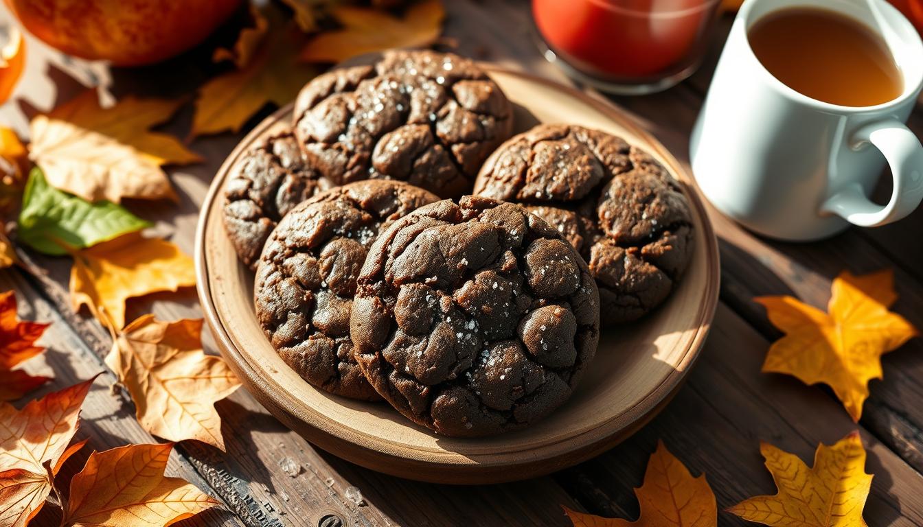 A rustic wooden table adorned with freshly baked Vermont chewy molasses cookies, their dark brown surface glistening with treacle and a sprinkle of sugar, surrounded by fall leaves and a steaming mug of hot apple cider, soft sunlight filtering through a nearby window.