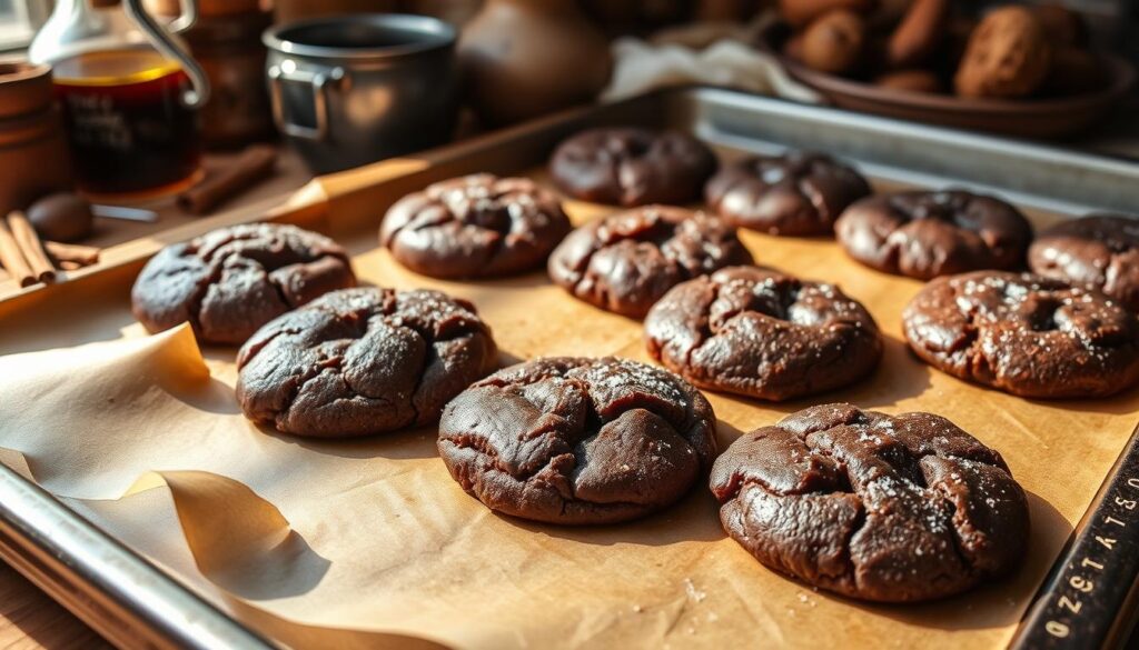 A rustic kitchen scene featuring a freshly baked tray of warm, chewy molasses cookies, their glossy, dark brown surface sparkling with sugar crystals. The cookies are perfectly round and slightly crinkled, surrounded by a cozy atmosphere with wooden countertops, a bowl of molasses, and spices like ginger and cinnamon. Soft, natural light filters through a nearby window, casting gentle shadows on the scene.