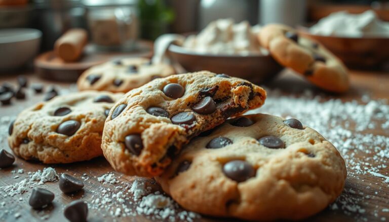 Close-up of golden-brown sourdough discard chocolate chip cookies on a rustic wooden plate, with gooey chocolate chips melting into the soft cookie texture