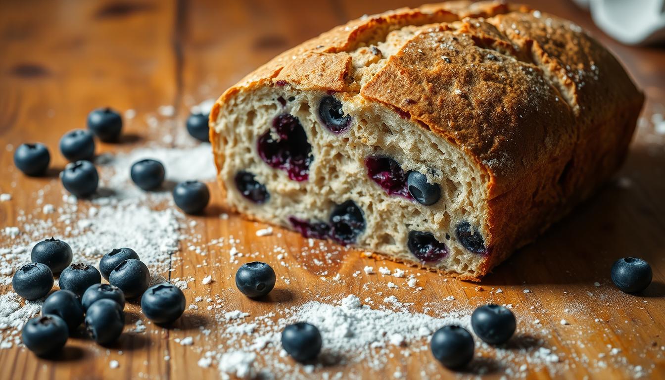 A rustic wooden table featuring a loaf of freshly baked blueberry sourdough bread, with a golden crust and visible blueberries peeking through the surface, surrounded by scattered flour and fresh blueberries, warm light illuminating the scene to enhance the texture and warmth of the bread.