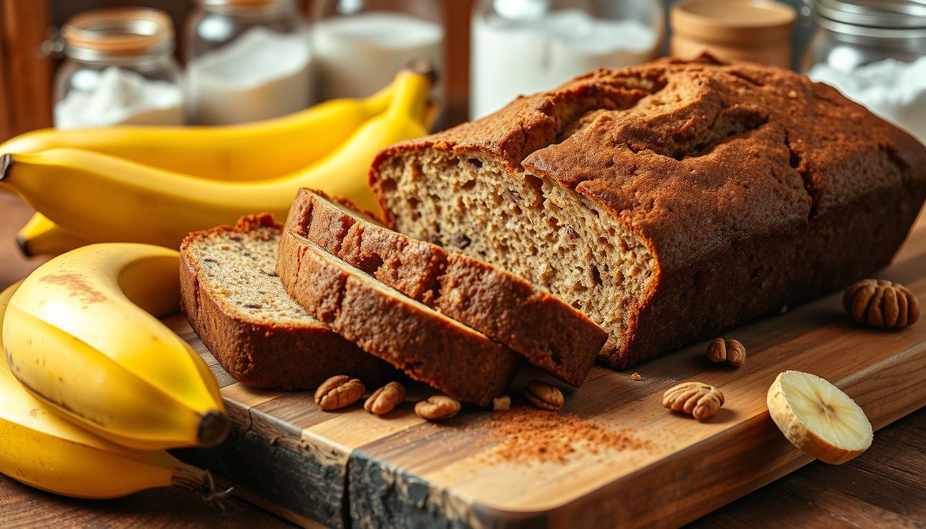 A beautifully arranged banana bread Recipe Without Butter loaf sliced on a rustic wooden cutting board, surrounded by ripe bananas, nuts, and a sprinkle of cinnamon. The setting includes a warm kitchen background with soft natural lighting, showcasing ingredients like flour and sugar in glass jars