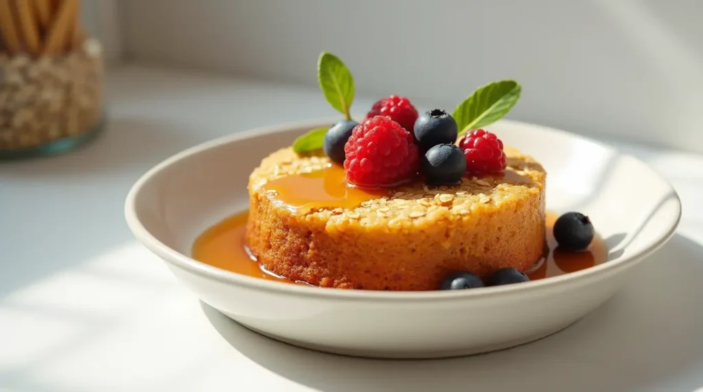 Rustic presentation of Vegan Oat Cake Recipe sliced on a wooden board, paired with fresh berries