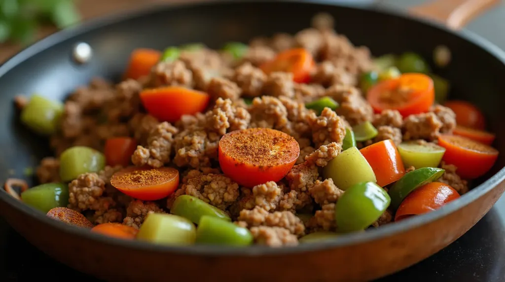 Terra Massoud Recipe: Sautéing vegetables and meat with aromatic spices in a pan