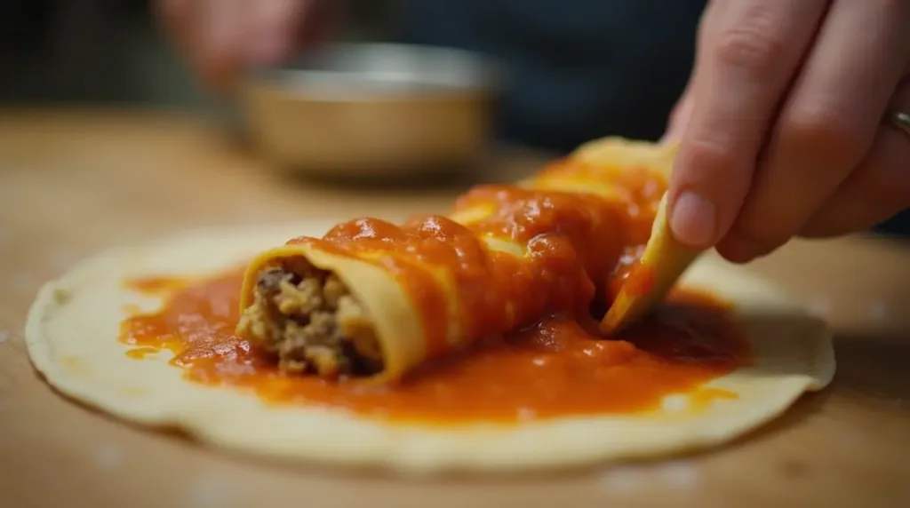 Step of preparing Boulders Enchilada Recipe – filling a tortilla before baking.