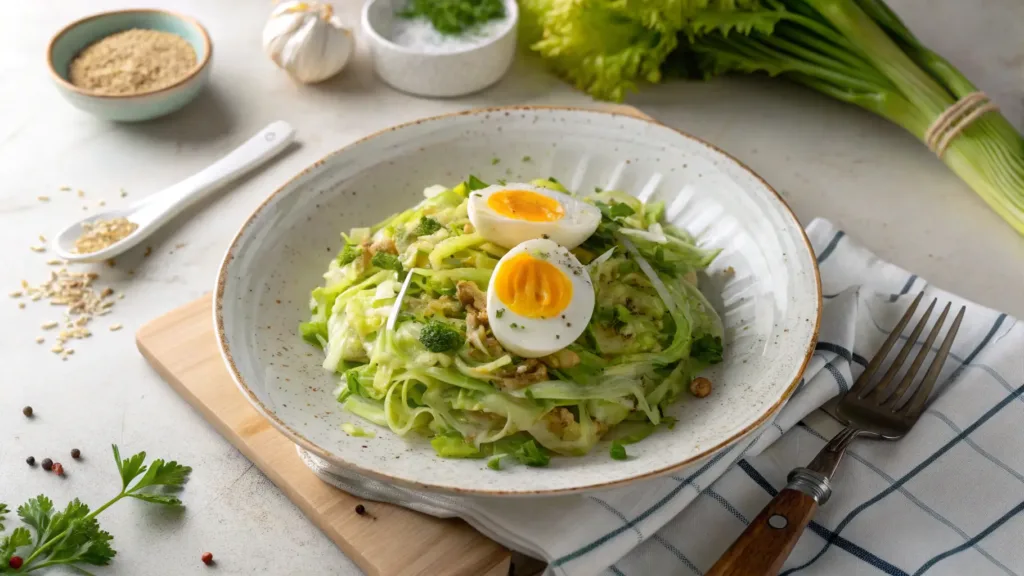 A delicious cabbage and egg recipe served on a plate, featuring golden scrambled eggs mixed with sautéed cabbage