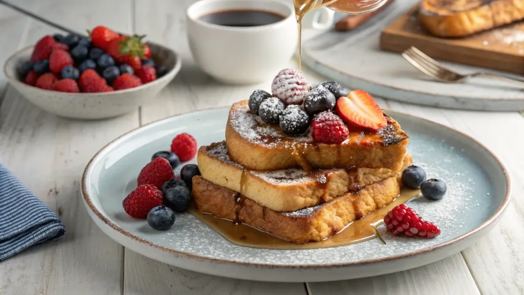 Side-angle shot of stacked sourdough French toast with maple syrup drizzling down the sides.