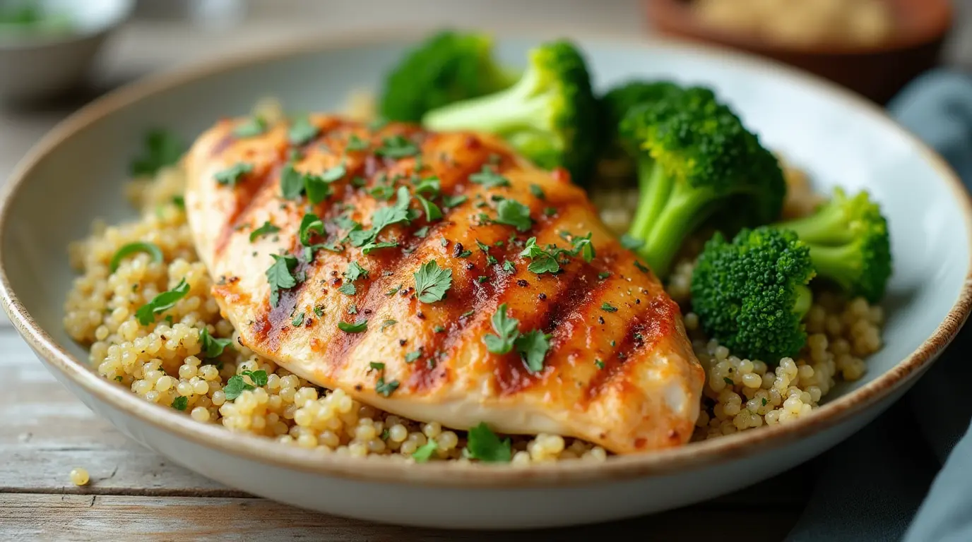 Grilled Chicken Breast with Quinoa and Broccoli Vitamins - Healthy and Fresh Dish